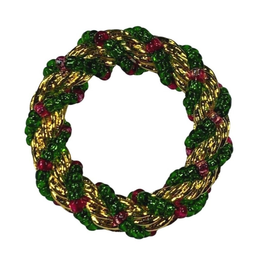 Vintage Avon Christmas Wreath Brooch 1.5" Gold Tone Beaded Green Red Lapel Pin